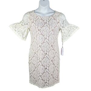 Ivanka Trump Womens 10 Cream Nude Lace Floral Bell Ruffled Sleeve Sheath Dress